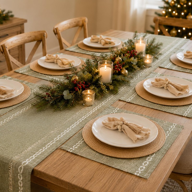 Boho Table Runner and Placemats Set of 6, Modern Farmhouse
