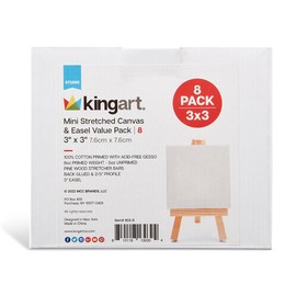 KINGART 855-8 White Mini 3" x 3" STRETCHED ARTIST CANVAS w/Display Easels, Value Pack 8 each. Square Canvases & Wood Easels, Gesso Primed - 100% Cotton, Art Supplies for Oil and Acrylic Painting