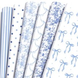 Keluna Blue Bow Gift Wrapping Paper - 12 Pcs Cute Bow Chinoiserie Art Design Gifts Wrap Paper For Valentine'S Day Boy Birthday Bachelorette Party Baby Shower Wedding Holiday