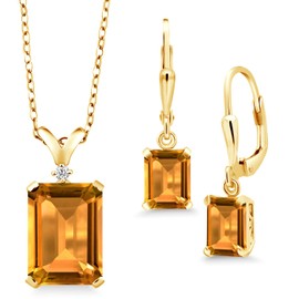 Gem Stone King Emerald Cut 14X10MM and 8X6MM Gemstone Birthstone and Diamond Pendant and Earrings Jewelry Set For Women | 925 Sterling Silver | With 18 Inch Silver Chain