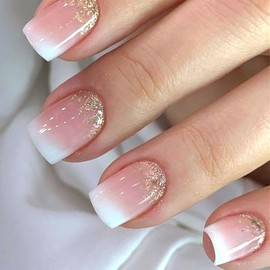 Press on Nails Short Square Fake Nails White French Tip Nails Press ons with Gold Glitter Designs Glue on Nails Pink Full Cover False Nails Glossy Artificial Stick on Nails for Women 24Pcs