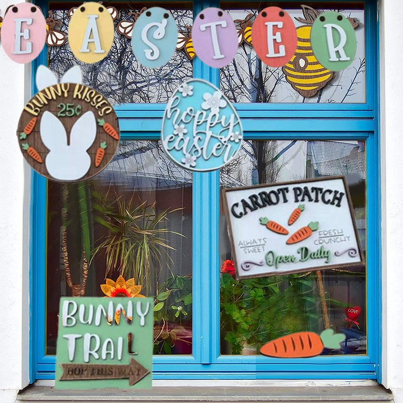 12Pcs Wooden Easter Ornaments Easter Tabletop Wooden Signs Easter Party