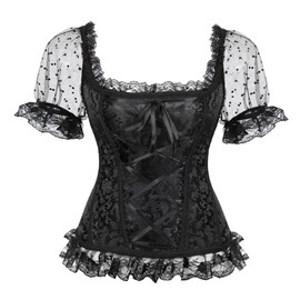 Zhitunemi Women's Princess Renaissance Corset Lace Ruched Sleeves Elegant Overbust Top Large Black