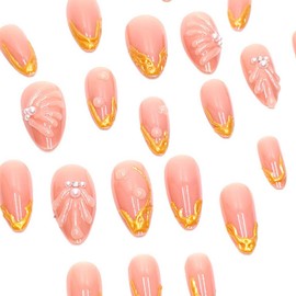 Foccna Press on Nails Nude Almond Clear 3D Fake Nails French Full Cover Bling Acrylic False Pearl Nails for Women and Girls 24PCS