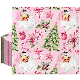 JarThenaAMCS 100Pcs Pink Christmas Paper Napkins Santa Xmas Tree Candy Cane Disposable Napkins Luncheon Dinner Hand Napkins for Party Supplies Table Decor