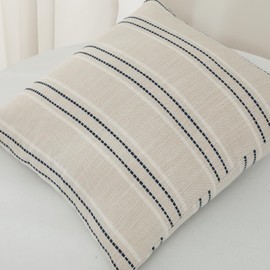 MissOwl Boho Throw Pillow Covers Striped Linen Set of 2 Farmhouse Garden Home Decor Pillowcase Cushion Cover for Couch Sofa Bed Living Room 20x20 Navy Blue Beige