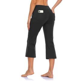 MOVE BEYOND Buttery Soft Women's Bootcut Yoga Capris with 4 Pockets Tummy Control Workout Bootleg Work Pants, Black, M
