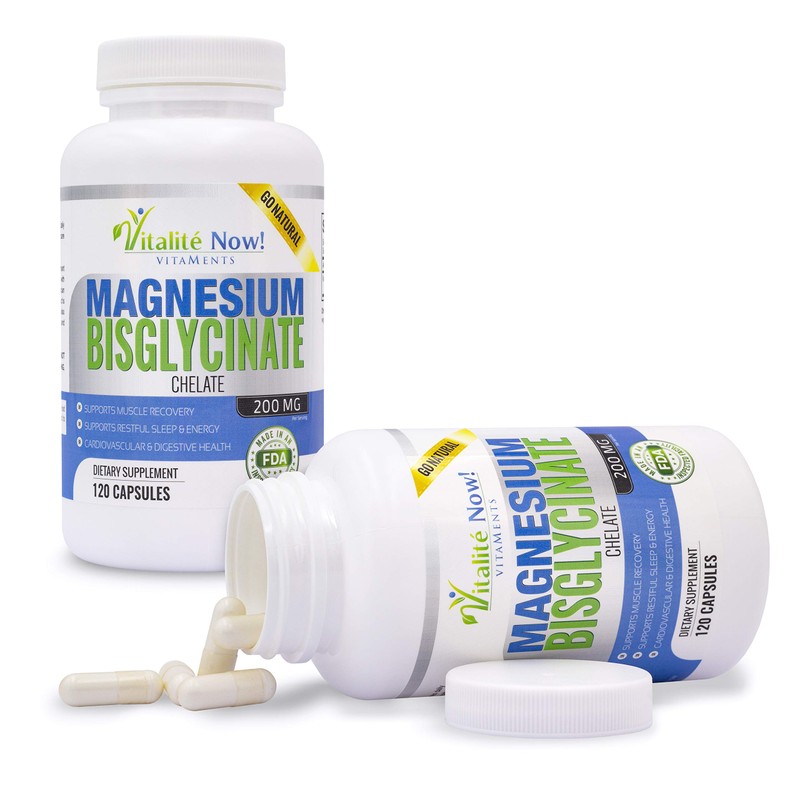 Vitalité Now! Magnesium Bisglycinate 200mg - 100% Chelated Capsules for