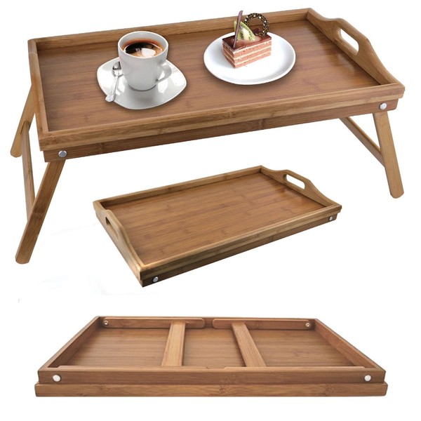 Bamboo Serving Tray Breakfast Bed Table with Wooden Folding Legs, Bamboo Bed Tray