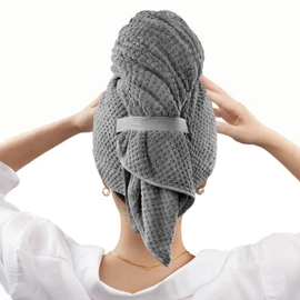 Bigger Size Microfiber Hair Towel Wrap for Women - Fast Drying Hair Turbans Microfibre Hair Towel for Long, Thick, Curly Hair - Super Soft Hair Wrap Towels with Elastic Strap H HOME-MART(Grey)