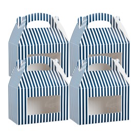 Restaurantware Bio Tek 8.5 x 4.8 x 5.5 Inch Gable Boxes For Party Favor, 100 Striped Gift Boxes - Clear Window, Built-In Handle, Blue And White Paper Barn Boxes, Disposable, For Parties
