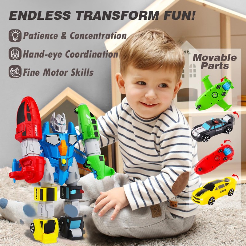 QUERCITRON 5-in-1 Magnetic Vehicles Playset Toy, Transform to Robot, Mix