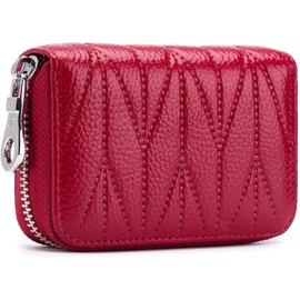 Meowoo Credit Card Holder RFID Blocking Genuine Leather Mini Credit Card Wallet Purse with Zipper for Women Men(W-Wine red)