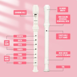 Soulmate Recorder Instrument for Kids Toddler Beginners Students German Style C Key Soprano Recorder Instrument 8 Holes 3 Piece ABS Descant Recorders with Cleaning Kit, Packing Bag (White)