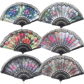 BABEYOND 6 pcs Spanish Floral Folding Hand Fan Vintage Handheld Lace Folding Fan with Different Patterns Fabric Folding Fan for Wedding Dancing Party (Color Random Selected with Spanish flower)