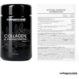 COLLAGENCOLAB® High Dose Ashwagandha Capsules 500 mg with Verisol Collagen 1300 mg, Biotin, Vitamin C, Hyaluronic Acid, Digestive Aid Peptide Protein for Skin, Hair and Nails Dietary Supplement