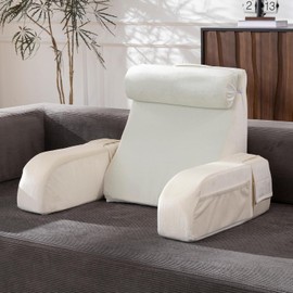 UTILIA Almohada de Lectura con Respaldo para Cama, Reposabrazos y Bolsillos, Cojín Triangular de Cuña para Leer, Cabecera Individual para Ver TV y Sentarse en Cama, Soporte Lumbar Adultos, Beige