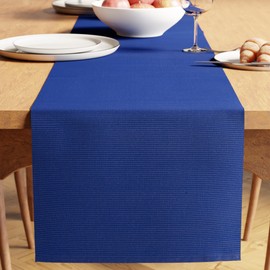 Encasa Table Runner for 6 seater Dining | Solid Blue | Fine Ribbed Cotton | Size 32x200 cm | Over 20 Modern Colors & Woven Designs, Machine Washable