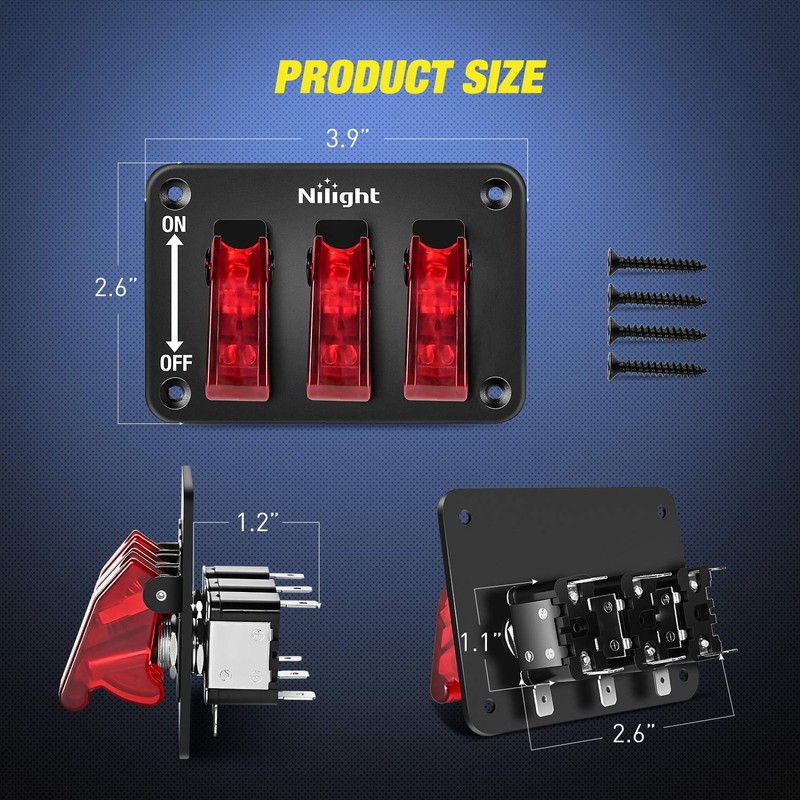 Nilight 3 Gang Toggle Switch 12V Rocker Switch Panel with