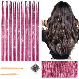 Deepton 2000 Hair Tinsel, 120 cm Glitter Hair Strands with Tool, Hair Tinsel Set, Girls & Children Hair Tinsel, Glitter Strands for Hair for Women Children Cosplay Party Accessories, Pink