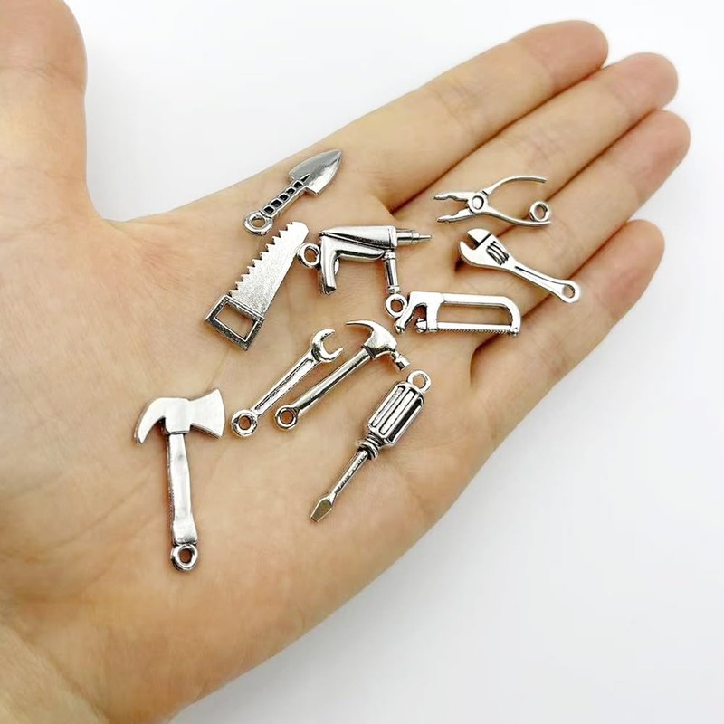 100Pcs Mini Tool Charms for Jewelry Making Hammer Wrench Tool