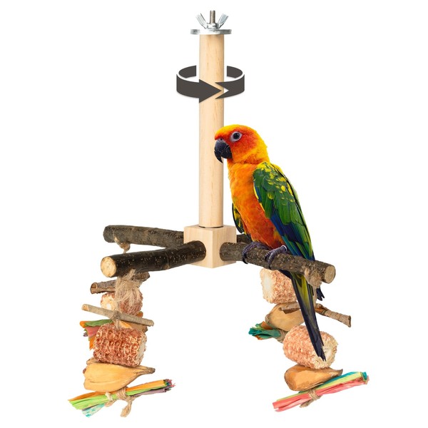 Agape Rotating Parrot Perch Toy with Chew Toy, Natural Wooden