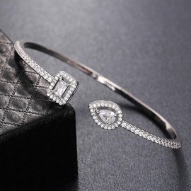 Sdouefos Moissanite Cuff Bangle Bracelet 925 Sterling Silver Teardrop Square Shape Diamond Bangle for Women Elegant Adjustable Sparkling Zircon Open Bangle Bracelet Silver White