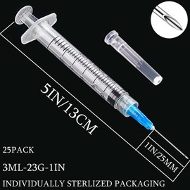 25 Pack 3ml/cc Plastic Luer Lock Syringa with 23Ga and Cap, Individually Sealed Wrapped, for Scientific Labs, Measuring Liquid, Refilling Cartridges or Glue Applicator