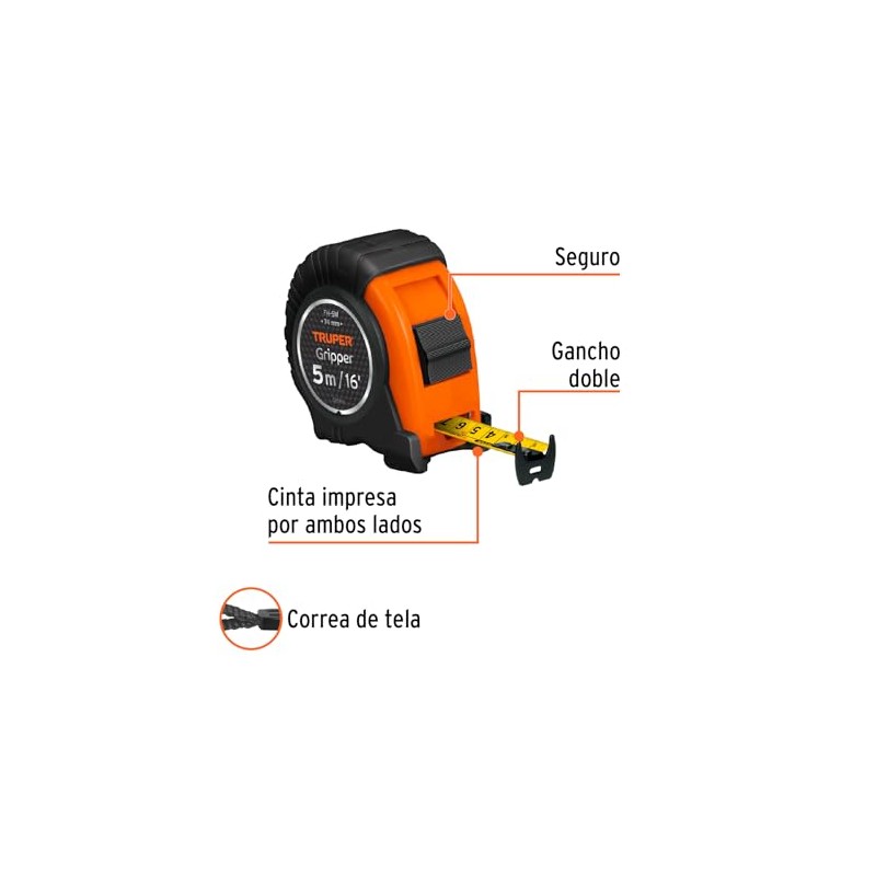Truper FH-5M, Flexómetro Gripper, contra impacto, 5 m, cinta 19