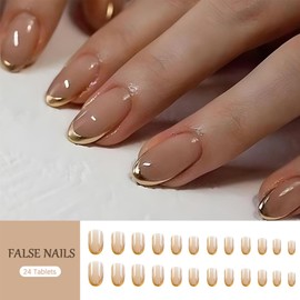 24pcs False Nails French Tip - Nude Gold Edge Press on Nails Short Almond - Strong Fake Nails with Glue - Full Cover Stick on Nails for Women French Nail Art