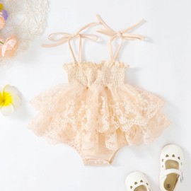 ZAXARRA Newborn Baby Girl Romper Dress Sleeveless Tie Up Hem Lace Flower Embroidery Jumpsuit Infant Summer Clothes (Beige, 0-3 Months)