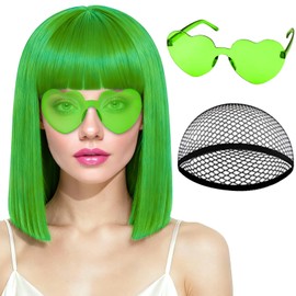 Grass Green Bob Wig with Bangs, Short Straight Bob Wig with Heart Sunglasses 12 Inch Shoulder Length Heat Resistant Synthetic Hair for Women Natural Look Daily Cosplay Halloween Costume Party