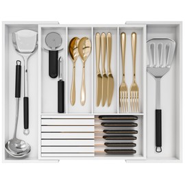 Bamboo Kitchen Silverware Drawer Organizer - Expandable Wood Utensil Holder with Dividers, Luxury Cutlery Storage Tray for Kitchen Utensil and Flatware (5-7 Slots with Removable Knife Block, White)
