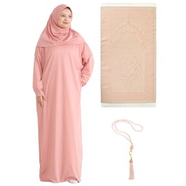 Prien Women Prayer Dress With Hijab Tasbih Muslim Set Islamic Clothes Abaya Jilbab Dubai Kaftan For Eid Ramadan (Rose)