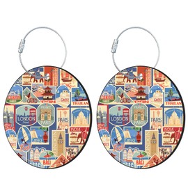 iapodiad Round Luggage Tag for Suitcases,Retro Stamp 2 Pack Leather Travel Luggage Tags with Name ID Label Privacy Flap and Steel Loop for Women and Men Suitcases Travel Bags Luggage Bags