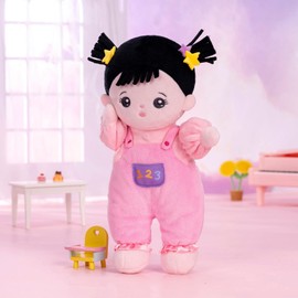 OUOZZZ 10" Soft Baby Doll for Girls - First Baby Doll Plush Rag Doll Sleeping Cuddle Buddy Pink Straps Black Hair Asian Doll Toy for Kids