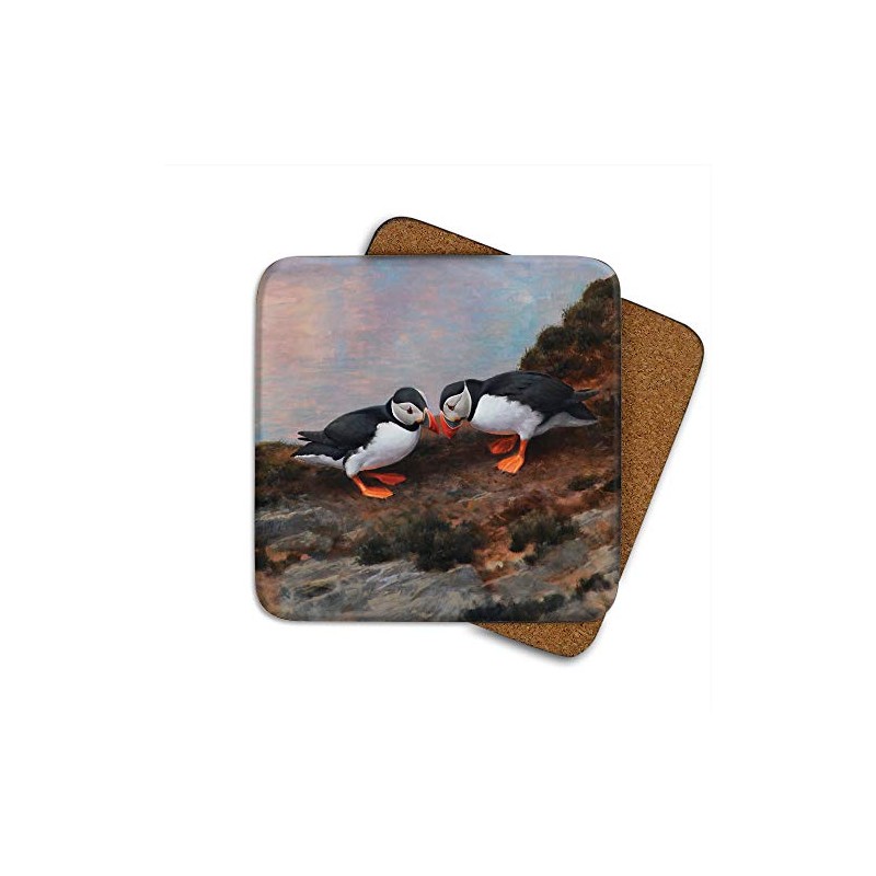 Puffins Beak Bashing Drinks Coasters by Wildlife Artist Julian Friers
