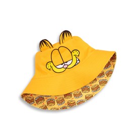 Garfield Unisex Orange Reversible Bucket Hat | Classic Cartoon Clothing with 3D Ears | Lasagna Pattern Print on Back | Casual Sun Protection Headwear | Ideal Fans, orange, Unit size