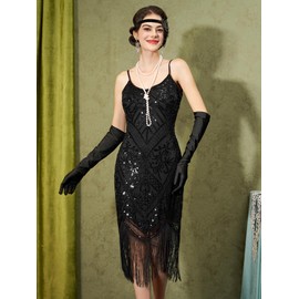 YESSA Women's Flapper Dresses 1920s,Great Gatsby Dresses Sequin Fringe Cocktail Dress Roaring 20s Party Dress for Harlem Nights/Prom/Club/Wedding-Roaring 20s Costumes,Black,Large