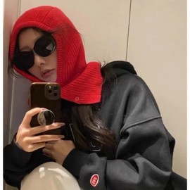 Women's Winter Warm Knit Hooded Scarf Neck Warmer Balaclava Earflap Hat lf2969 Free Size/Red 3ea