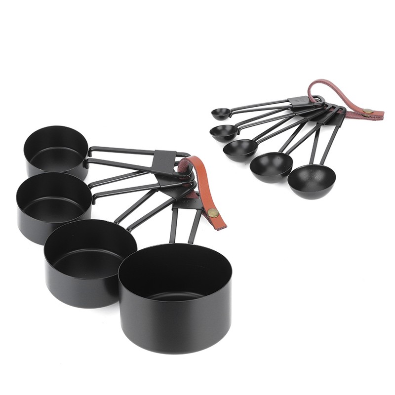 9PCS Black Stainless Steel Measuring Cups Set Coffee Spoon with