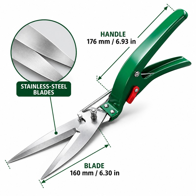 Stainless Steel Spring-Loaded Grass Shears, Long-Length Bypass Lawn Cutter for