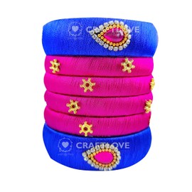 GOELX Silk Thread Bangles Blue & Pink Floral Set Designer Bangles (Blue & Pink, 2.8)