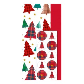 10 Sheets of Christmas Tissue Paper Traditional Present Wrapping Paper Gift Wrap with Seal Tabs (Tartan & Red Trees)