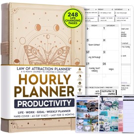 Hourly Planner - Undated Weekly & Monthly Planner, 12-Month Journey to Increase Productivity | Gratitude Journal, Life Organizer & Goal Journal | Include Foldable Vision Board, Habit Tracker & Sticker