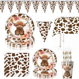 62pcs Boho Highland Cow Party Supplies,Highland Cow Baby Shower Plates and Napkins Party Supplies,Western Cattle Boho Pampa Grass Birthday Party Decor Serves 10