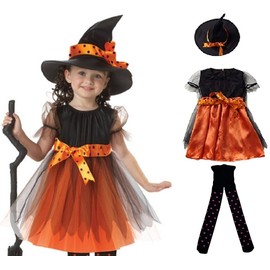Miwoluna Halloween Cosplay, Children's Witch, Costume, Dress, Dress, Set, Cute, Kids, Hat, Polka Dot Pattern, Tights, Party Costume, 39.4 inches (100 cm)
