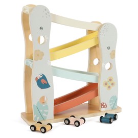 Freniland Wooden Car Ramp Toy with 4 Mini Cars, Montessori Toddler Toys for 1 Year Old Boys Girls, Wooden Race Track Set, Car Toys for Toddlers 1-3, First Birthday, Age 18+ Months