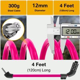 E Scooter Lock，Bike Lock 12mm Thick Bike Lock Cable High Security 5 Digit Resettable Combination Lock 4 Feet Bicycle Lock for Xiaomi M365/Pro2/Max/Ninebot/F Essential Scooter/Bicycle/Motor Lock