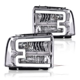 CNNELL LED Headlight Assembly with LED DRL Bar Headlamp Compatible with 2005 2006 2007 Ford F250 F350 F450 F550 SuperDuty(Clear lens Chrome Housing Clear Reflector)
